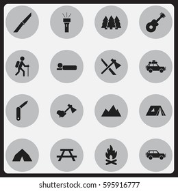 Set Of 16 Editable Camping Icons. Includes Symbols Such As Ax, Lantern, Tomahawk And More. Can Be Used For Web, Mobile, UI And Infographic Design.