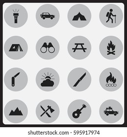Set Of 16 Editable Camping Icons. Includes Symbols Such As Clasp-Knife, Gait, Voyage Car And More. Can Be Used For Web, Mobile, UI And Infographic Design.