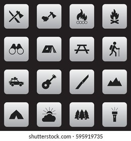 Set Of 16 Editable Camping Icons. Includes Symbols Such As Pine, Fever, Blaze And More. Can Be Used For Web, Mobile, UI And Infographic Design.