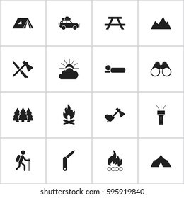 Set Of 16 Editable Camping Icons. Includes Symbols Such As Fever, Field Glasses, Desk And More. Can Be Used For Web, Mobile, UI And Infographic Design.
