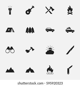 Set Of 16 Editable Camping Icons. Includes Symbols Such As Ax, Shelter, Peak And More. Can Be Used For Web, Mobile, UI And Infographic Design.