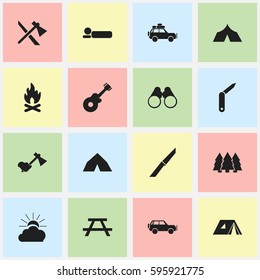 Set Of 16 Editable Camping Icons. Includes Symbols Such As Tepee, Clasp-Knife, Bedroll And More. Can Be Used For Web, Mobile, UI And Infographic Design.