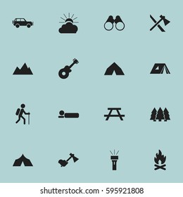 Set Of 16 Editable Camping Icons. Includes Symbols Such As Sunrise, Ax, Bedroll And More. Can Be Used For Web, Mobile, UI And Infographic Design.