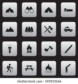 Set Of 16 Editable Camping Icons. Includes Symbols Such As Bedroll, Tepee, Fever And More. Can Be Used For Web, Mobile, UI And Infographic Design.