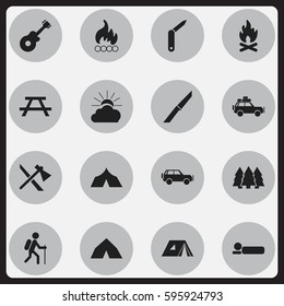 Set Of 16 Editable Camping Icons. Includes Symbols Such As Gait, Blaze, Knife And More. Can Be Used For Web, Mobile, UI And Infographic Design.