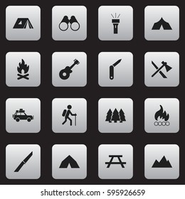 Set Of 16 Editable Camping Icons. Includes Symbols Such As Refuge, Knife, Tomahawk And More. Can Be Used For Web, Mobile, UI And Infographic Design.