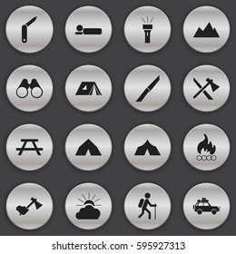 Set Of 16 Editable Camping Icons. Includes Symbols Such As Gait, Ax, Lantern And More. Can Be Used For Web, Mobile, UI And Infographic Design.