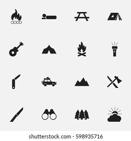 Set Of 16 Editable Camping Icons. Includes Symbols Such As Refuge, Clasp-Knife, Musical Instrument And More. Can Be Used For Web, Mobile, UI And Infographic Design.