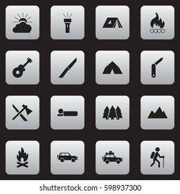 Set Of 16 Editable Camping Icons. Includes Symbols Such As Blaze, Knife, Clasp-Knife And More. Can Be Used For Web, Mobile, UI And Infographic Design.