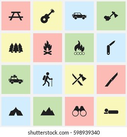 Set Of 16 Editable Camping Icons. Includes Symbols Such As Fever, Desk, Refuge And More. Can Be Used For Web, Mobile, UI And Infographic Design.