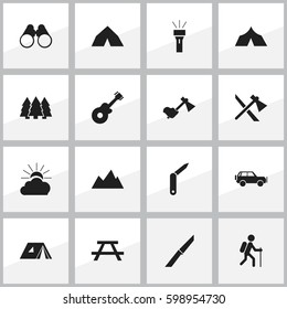 Set Of 16 Editable Camping Icons. Includes Symbols Such As Tomahawk, Pine, Sunrise And More. Can Be Used For Web, Mobile, UI And Infographic Design.