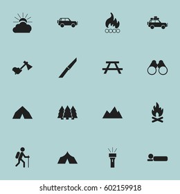 Set Of 16 Editable Camping Icons. Includes Symbols Such As Voyage Car, Ax, Tepee And More. Can Be Used For Web, Mobile, UI And Infographic Design.