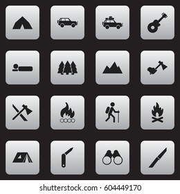 Set Of 16 Editable Camping Icons. Includes Symbols Such As Shelter, Fever, Musical Instrument And More. Can Be Used For Web, Mobile, UI And Infographic Design.