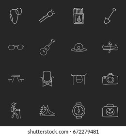 Set Of 16 Editable Camping Icons. Includes Symbols Such As Beach Hat, Flashlight, Photographing And More. Can Be Used For Web, Mobile, UI And Infographic Design.