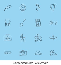 Set Of 16 Editable Camping Icons. Includes Symbols Such As Flying Toy, Shovel, Seat And More. Can Be Used For Web, Mobile, UI And Infographic Design.