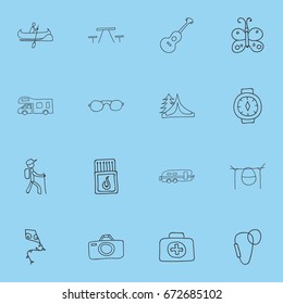 Set Of 16 Editable Camping Icons. Includes Symbols Such As Musical Instrument, Caravan, Boat And More. Can Be Used For Web, Mobile, UI And Infographic Design.