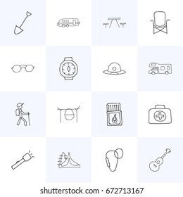Set Of 16 Editable Camping Icons. Includes Symbols Such As Shovel, Hiker, Musical Instrument And More. Can Be Used For Web, Mobile, UI And Infographic Design.