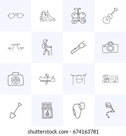 Set Of 16 Editable Camping Icons. Includes Symbols Such As Medical Kit, Beauty Insect, Photographing And More. Can Be Used For Web, Mobile, UI And Infographic Design.