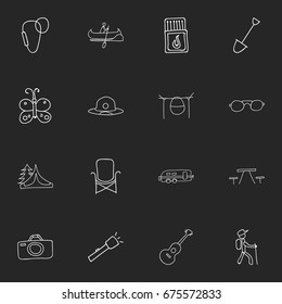 Set Of 16 Editable Camping Icons. Includes Symbols Such As Boat, Eyeglasses, Photographing And More. Can Be Used For Web, Mobile, UI And Infographic Design.