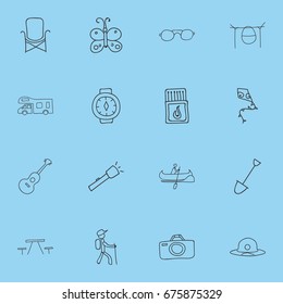 Set Of 16 Editable Camping Icons. Includes Symbols Such As Flying Toy, Wrist Clock, Beauty Insect And More. Can Be Used For Web, Mobile, UI And Infographic Design.