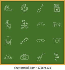 Set Of 16 Editable Camping Icons. Includes Symbols Such As Picnic, Eyeglasses, Caravan And More. Can Be Used For Web, Mobile, UI And Infographic Design.