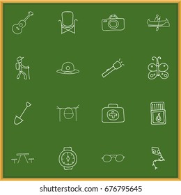 Set Of 16 Editable Camping Icons. Includes Symbols Such As Wrist Clock, Picnic, Campfire Cooking And More. Can Be Used For Web, Mobile, UI And Infographic Design.