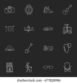 Set Of 16 Editable Camping Icons. Includes Symbols Such As Seat, Campfire Cooking, Musical Instrument And More. Can Be Used For Web, Mobile, UI And Infographic Design.