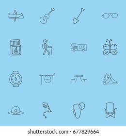 Set Of 16 Editable Camping Icons. Includes Symbols Such As Picnic, Flying Toy, Flammable Stick And More. Can Be Used For Web, Mobile, UI And Infographic Design.