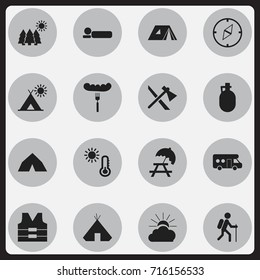 Set Of 16 Editable Camping Icons. Includes Symbols Such As Tepee, Bedroll, Shelter And More. Can Be Used For Web, Mobile, UI And Infographic Design.