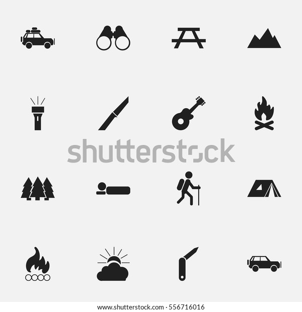Set Of 16 Editable Camping Icons.\
Includes Symbols Such As Shelter, Field Glasses, Voyage Car And\
More. Can Be Used For Web, Mobile, UI And Infographic\
Design.