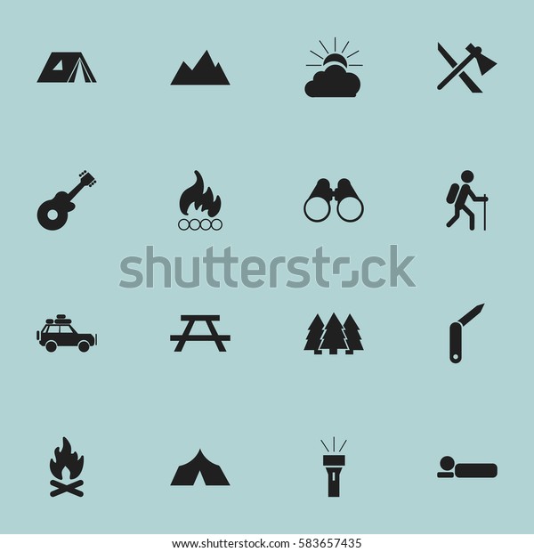 Set Of 16 Editable Camping Icons.\
Includes Symbols Such As Bedroll, Sunrise, Clasp-Knife And More.\
Can Be Used For Web, Mobile, UI And Infographic\
Design.
