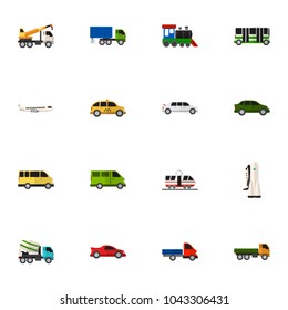 Set of 16 editable car icons flat style. Includes symbols such as lorry, plane, train and more. Can be used for web, mobile, UI and infographic design.