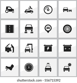 Set Of 16 Editable Car Icons. Includes Symbols Such As Vehicle Wash, Race, Vehicle Car And More. Can Be Used For Web, Mobile, UI And Infographic Design.