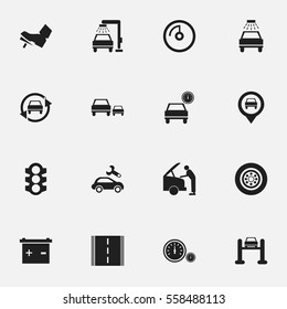 Set Of 16 Editable Car Icons. Includes Symbols Such As Highway, Automobile, Accumulator And More. Can Be Used For Web, Mobile, UI And Infographic Design.