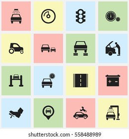 Set Of 16 Editable Car Icons. Includes Symbols Such As Pointer, Automotive Fix, Speed Display And More. Can Be Used For Web, Mobile, UI And Infographic Design.
