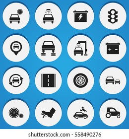 Set Of 16 Editable Car Icons. Includes Symbols Such As Highway, Stoplight, Vehicle Car And More. Can Be Used For Web, Mobile, UI And Infographic Design.