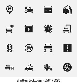 Set Of 16 Editable Car Icons. Includes Symbols Such As Auto Repair, Speed Control, Stoplight And More. Can Be Used For Web, Mobile, UI And Infographic Design.