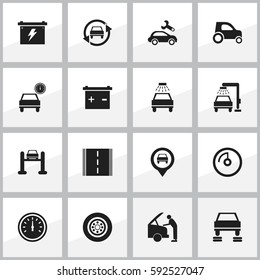 Set Of 16 Editable Car Icons. Includes Symbols Such As Tuning Auto, Accumulator, Car Fixing And More. Can Be Used For Web, Mobile, UI And Infographic Design.