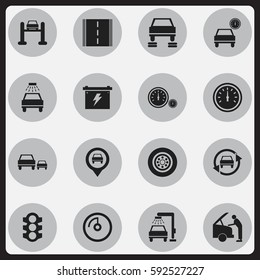 Set Of 16 Editable Car Icons. Includes Symbols Such As Car Fixing, Vehicle Wash, Speed Display And More. Can Be Used For Web, Mobile, UI And Infographic Design.