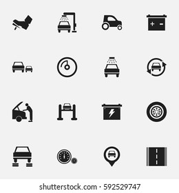 Set Of 16 Editable Car Icons. Includes Symbols Such As Treadle, Car Fixing, Tuning Auto And More. Can Be Used For Web, Mobile, UI And Infographic Design.
