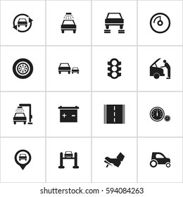Set Of 16 Editable Car Icons. Includes Symbols Such As Highway, Speedometer, Vehicle Car And More. Can Be Used For Web, Mobile, UI And Infographic Design.