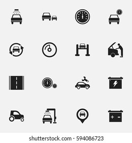 Set Of 16 Editable Car Icons. Includes Symbols Such As Automobile, Speed Control, Car Lave And More. Can Be Used For Web, Mobile, UI And Infographic Design.