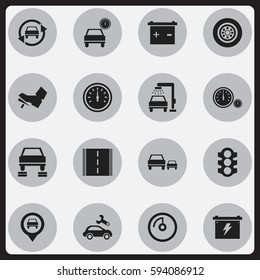 Set Of 16 Editable Car Icons. Includes Symbols Such As Speed Display, Automotive Fix, Tire And More. Can Be Used For Web, Mobile, UI And Infographic Design.