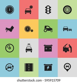 Set Of 16 Editable Car Icons. Includes Symbols Such As Tire, Speed Control, Speedometer And More. Can Be Used For Web, Mobile, UI And Infographic Design.