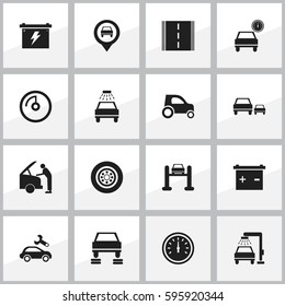Set Of 16 Editable Car Icons. Includes Symbols Such As Auto Repair, Automotive Fix, Speed Display And More. Can Be Used For Web, Mobile, UI And Infographic Design.