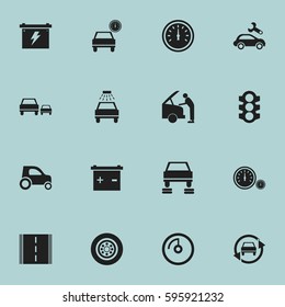 Set Of 16 Editable Car Icons. Includes Symbols Such As Auto Repair, Car Lave, Highway And More. Can Be Used For Web, Mobile, UI And Infographic Design.