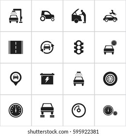 Set Of 16 Editable Car Icons. Includes Symbols Such As Speedometer, Vehicle Car, Battery And More. Can Be Used For Web, Mobile, UI And Infographic Design.