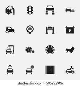 Set Of 16 Editable Car Icons. Includes Symbols Such As Battery, Pointer, Automobile And More. Can Be Used For Web, Mobile, UI And Infographic Design.