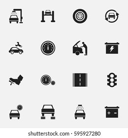 Set Of 16 Editable Car Icons. Includes Symbols Such As Auto Repair, Highway, Vehicle Wash And More. Can Be Used For Web, Mobile, UI And Infographic Design.