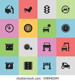 Set Of 16 Editable Car Icons. Includes Symbols Such As Battery, Accumulator, Auto Service And More. Can Be Used For Web, Mobile, UI And Infographic Design.